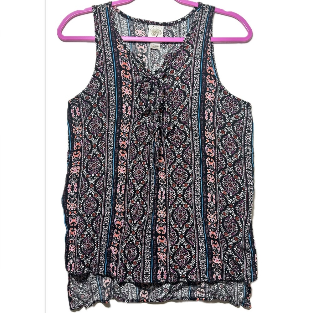 Self Esteem Bohemian Print Tank Top, Lace-Up V-Neck, Sleeveless, Size Large